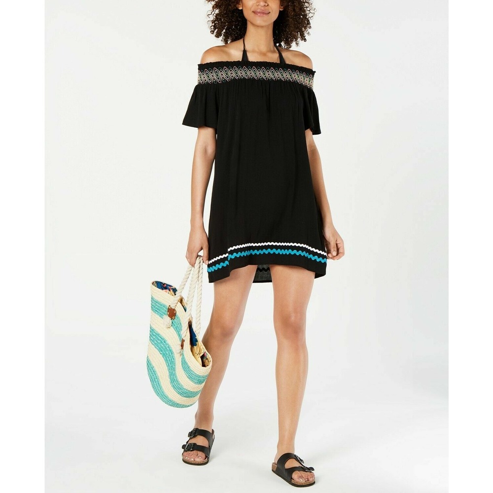 MIken Embroidered Off-The-Shoulder Swimsuit Cover-Up Dress Size‎ Small Black NEW